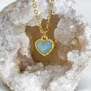 3/$20 14k Gold Blue Glitter Resin Heart Charm Handmade Pendant Necklace